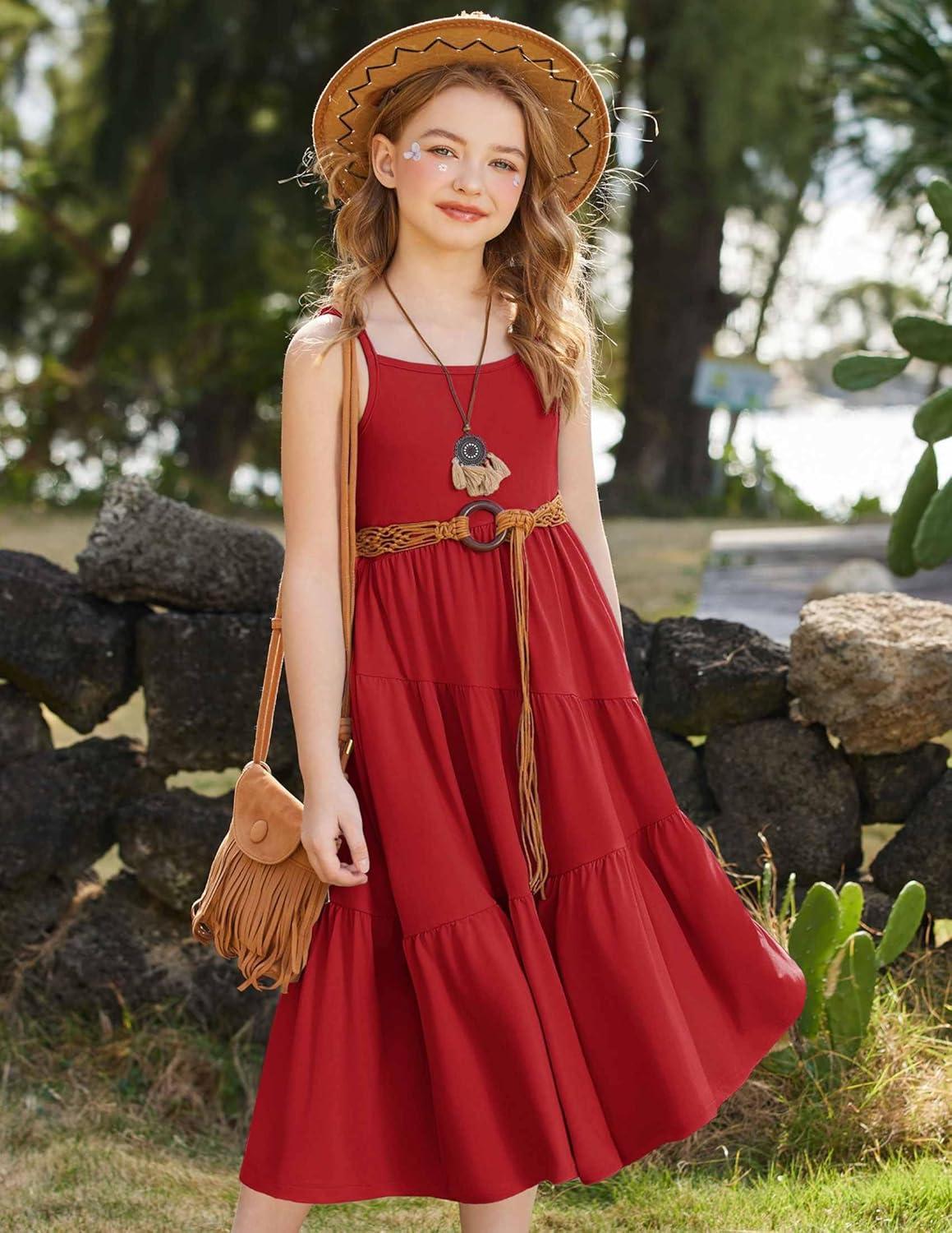 image:imageArshiner Girls Summer Dress Casual Loose Sleeveless Sundress Flowy Beach Maxi Dresses with PocketsRed