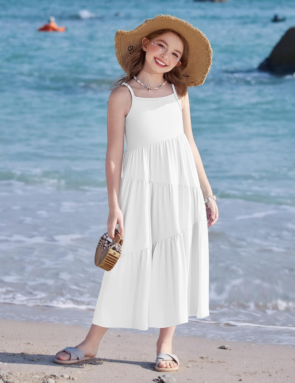image:imageArshiner Girls Summer Dress Casual Loose Sleeveless Sundress Flowy Beach Maxi Dresses with PocketsWhite