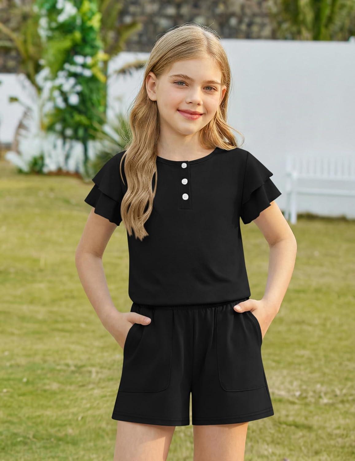image:imageArshiner Girls Summer Outfits 2 Piece Sets Ruffle Short Sleeve Button Down Shirts and Shorts Set Kids Clothes with PocketsBlack