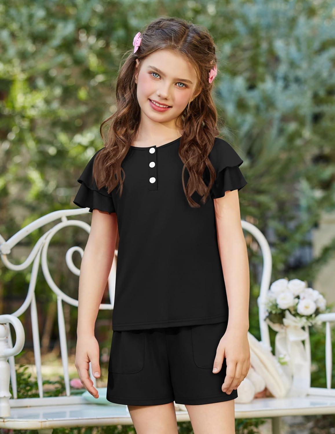 image:imageArshiner Girls Summer Outfits 2 Piece Sets Ruffle Short Sleeve Button Down Shirts and Shorts Set Kids Clothes with PocketsBlack