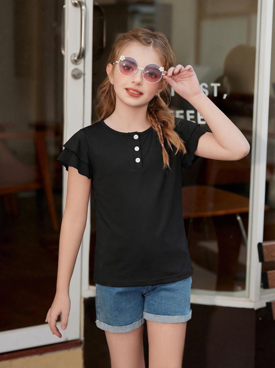 image:imageArshiner Girls Summer Outfits 2 Piece Sets Ruffle Short Sleeve Button Down Shirts and Shorts Set Kids Clothes with PocketsBlack
