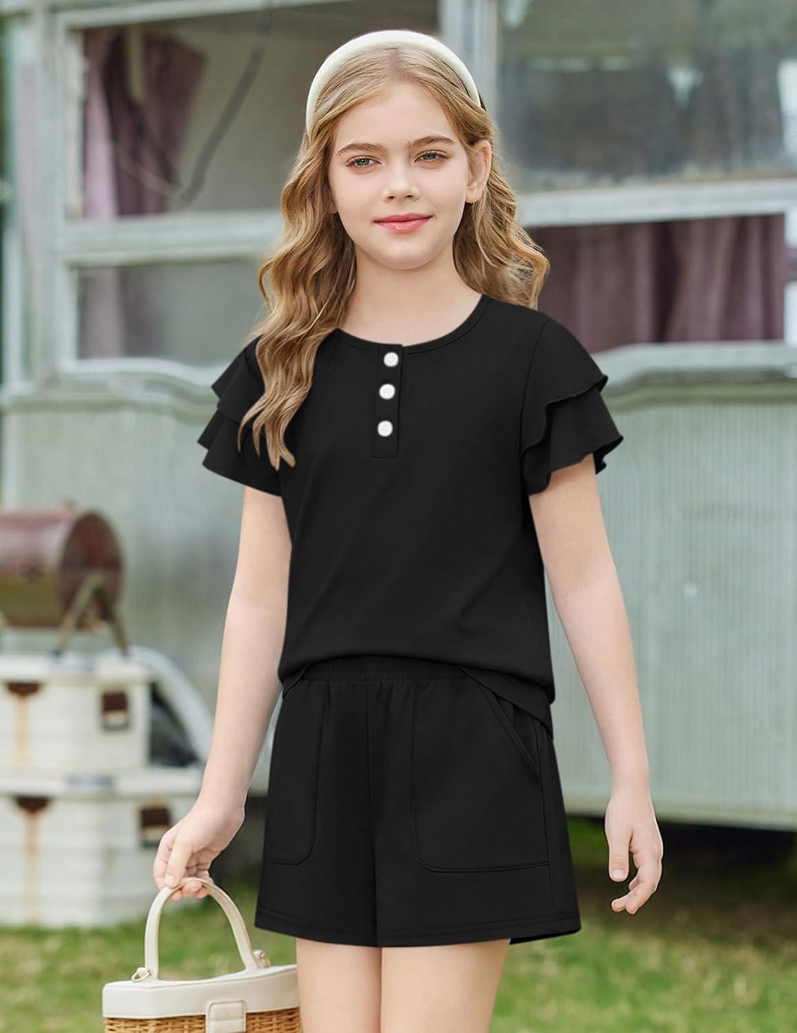 image:imageArshiner Girls Summer Outfits 2 Piece Sets Ruffle Short Sleeve Button Down Shirts and Shorts Set Kids Clothes with PocketsBlack