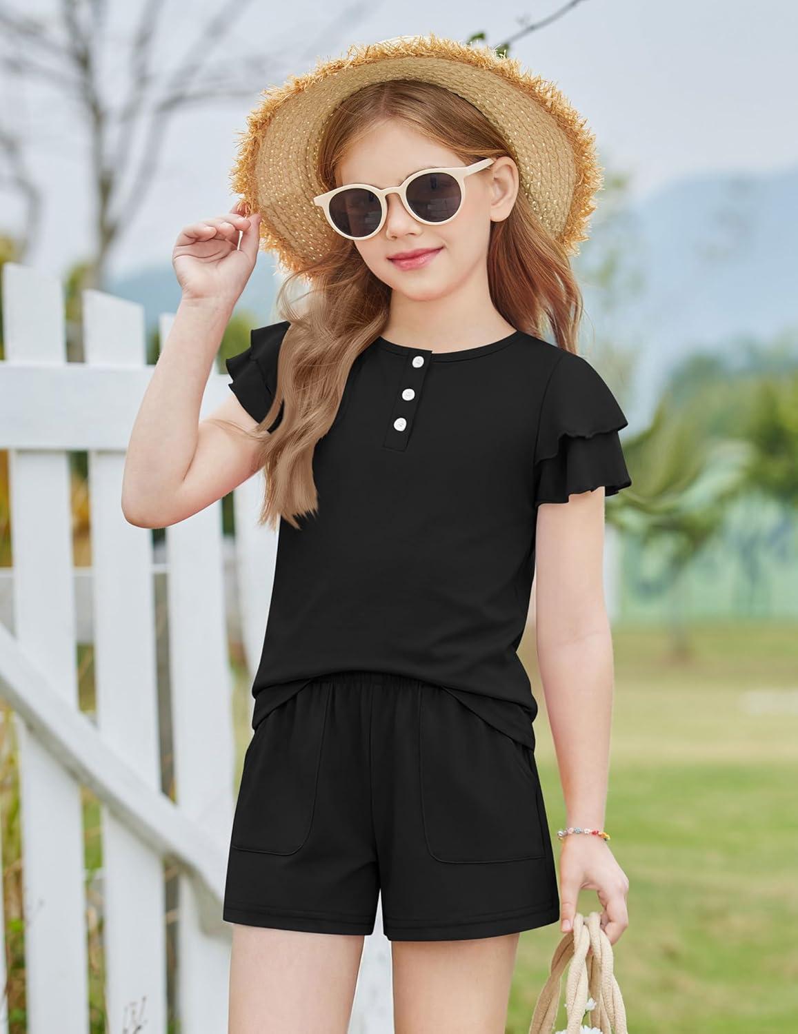 image:imageArshiner Girls Summer Outfits 2 Piece Sets Ruffle Short Sleeve Button Down Shirts and Shorts Set Kids Clothes with PocketsBlack