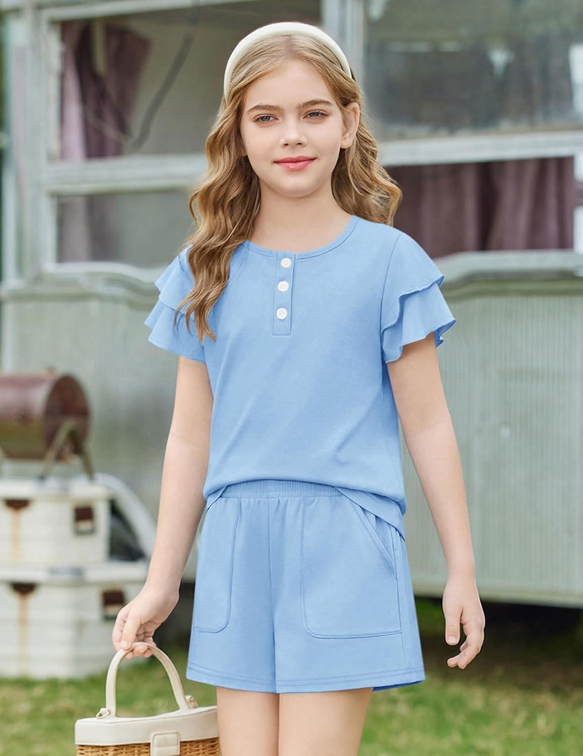 image:imageArshiner Girls Summer Outfits 2 Piece Sets Ruffle Short Sleeve Button Down Shirts and Shorts Set Kids Clothes with PocketsLight Blue
