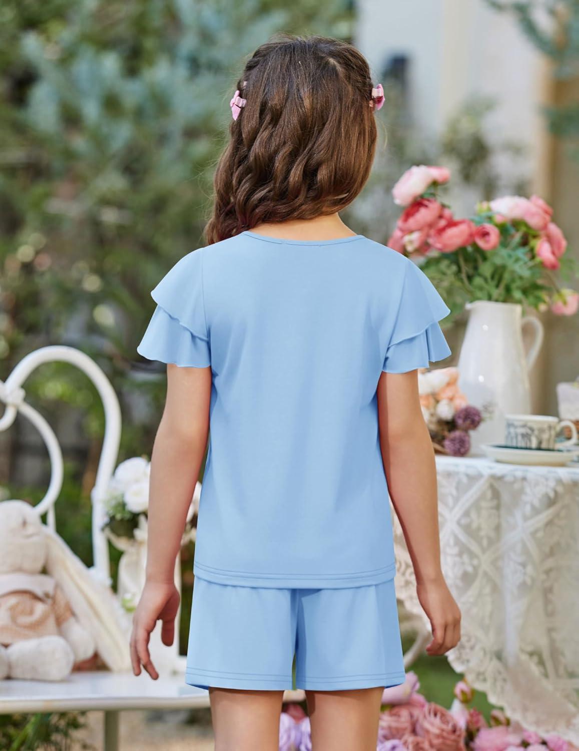 image:imageArshiner Girls Summer Outfits 2 Piece Sets Ruffle Short Sleeve Button Down Shirts and Shorts Set Kids Clothes with PocketsLight Blue