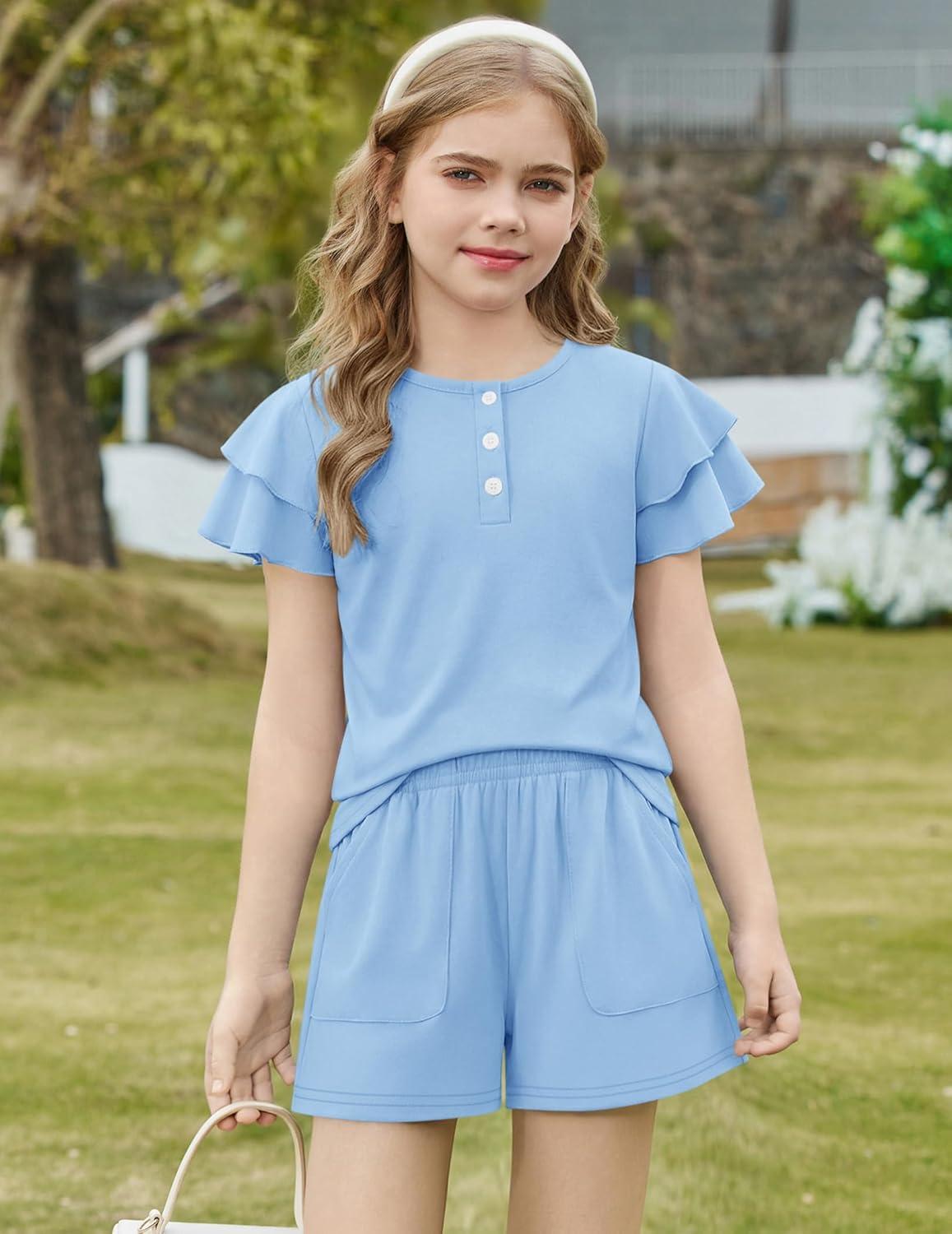 image:imageArshiner Girls Summer Outfits 2 Piece Sets Ruffle Short Sleeve Button Down Shirts and Shorts Set Kids Clothes with PocketsLight Blue