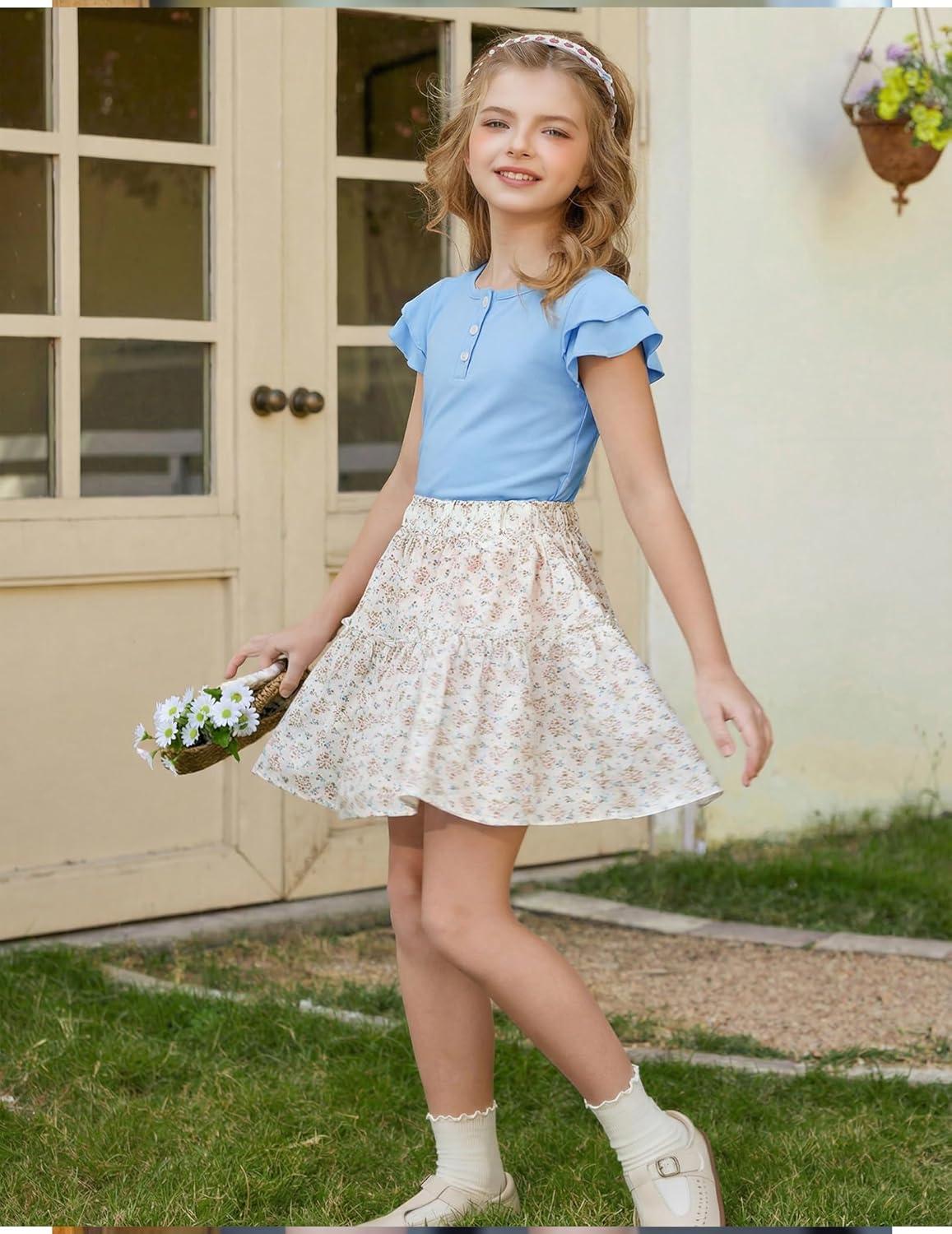 image:imageArshiner Girls Summer Outfits 2 Piece Sets Ruffle Short Sleeve Button Down Shirts and Shorts Set Kids Clothes with PocketsLight Blue