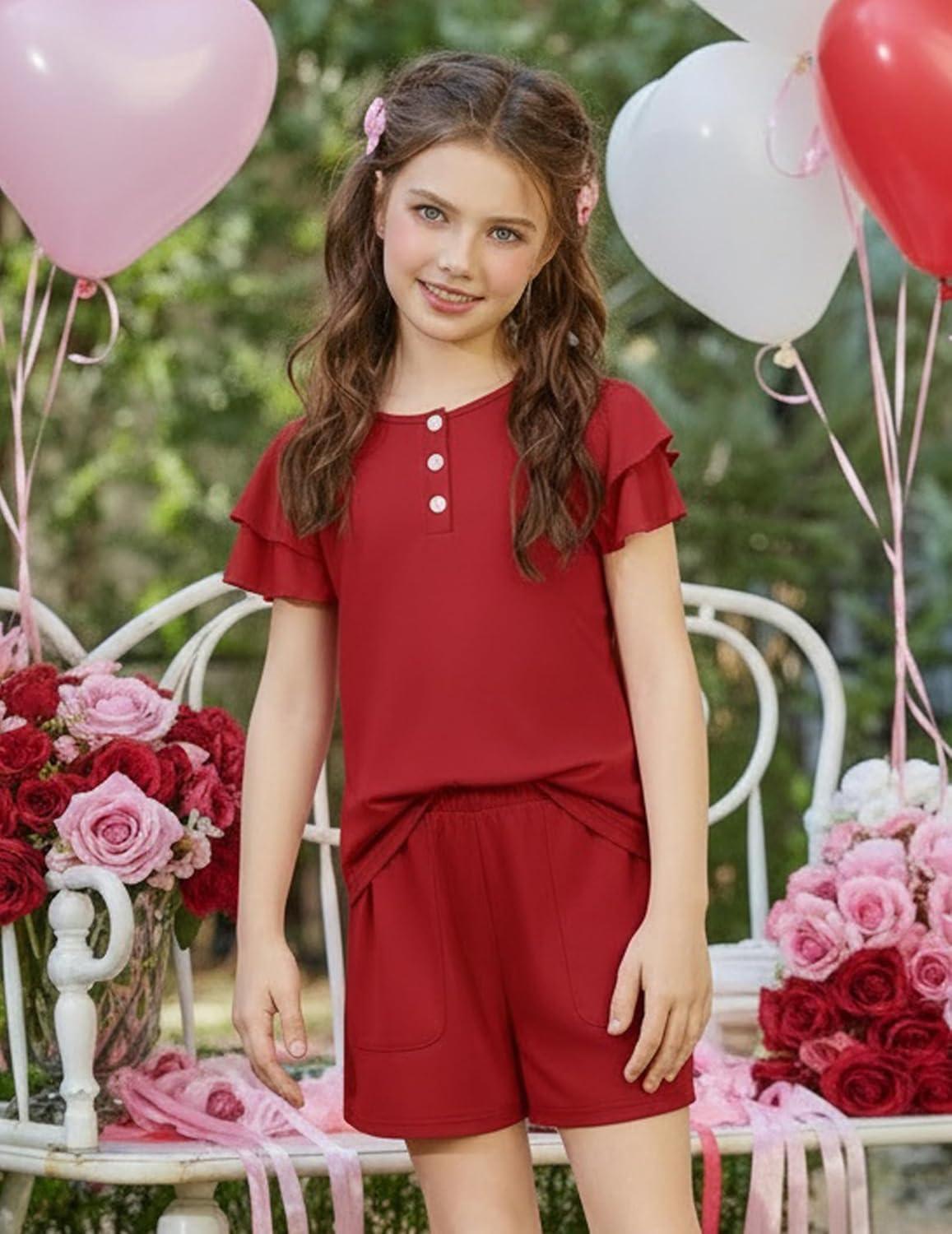 image:imageArshiner Girls Summer Outfits 2 Piece Sets Ruffle Short Sleeve Button Down Shirts and Shorts Set Kids Clothes with PocketsRed