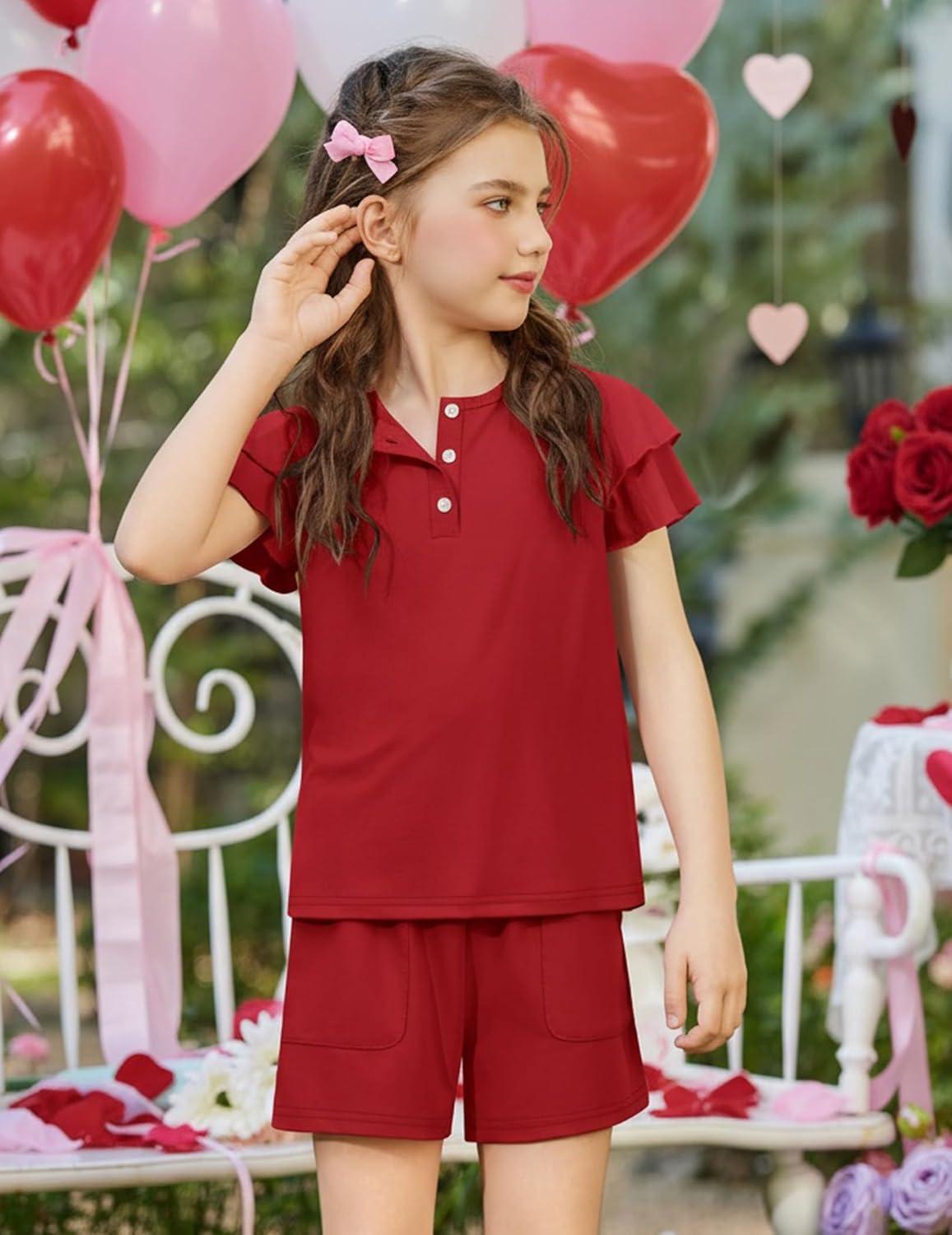 image:imageArshiner Girls Summer Outfits 2 Piece Sets Ruffle Short Sleeve Button Down Shirts and Shorts Set Kids Clothes with PocketsRed