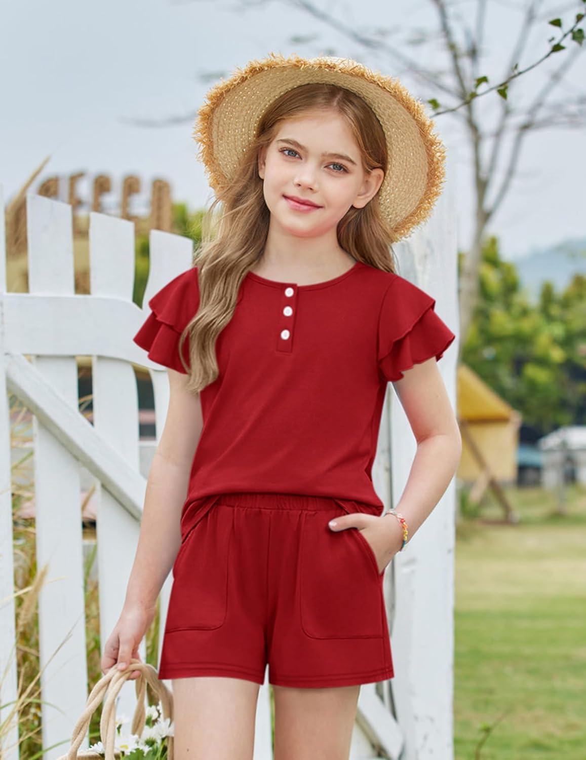 image:imageArshiner Girls Summer Outfits 2 Piece Sets Ruffle Short Sleeve Button Down Shirts and Shorts Set Kids Clothes with PocketsRed