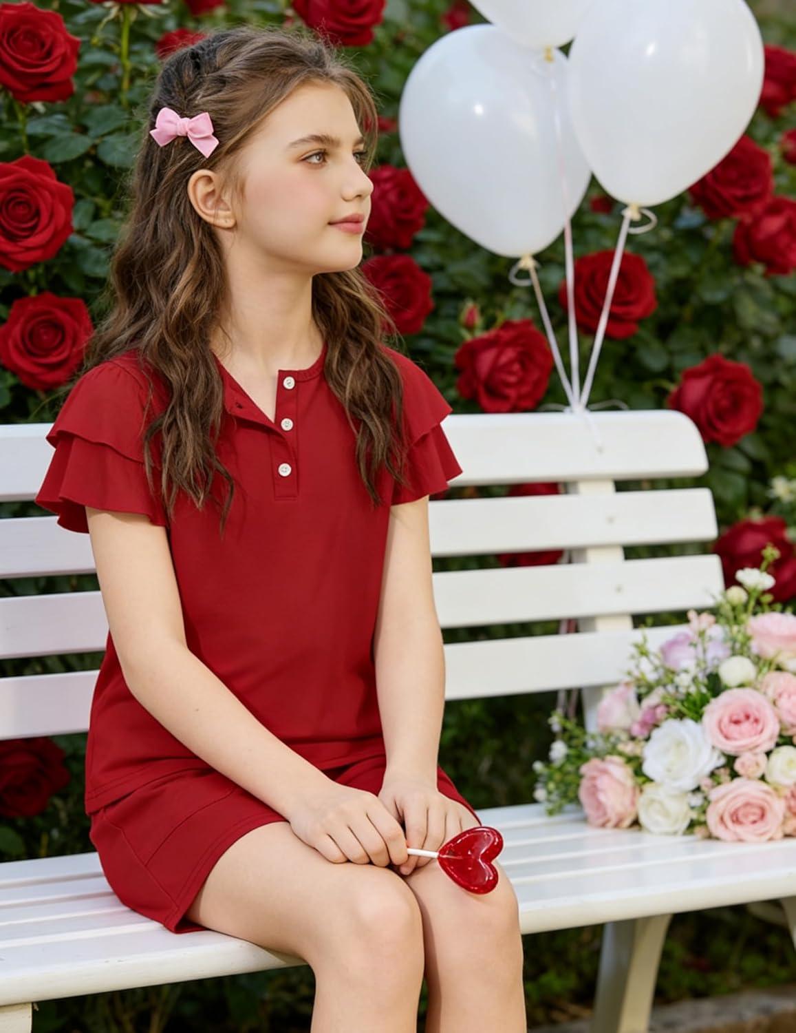 image:imageArshiner Girls Summer Outfits 2 Piece Sets Ruffle Short Sleeve Button Down Shirts and Shorts Set Kids Clothes with PocketsRed