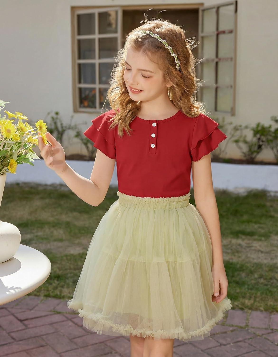 image:imageArshiner Girls Summer Outfits 2 Piece Sets Ruffle Short Sleeve Button Down Shirts and Shorts Set Kids Clothes with PocketsRed