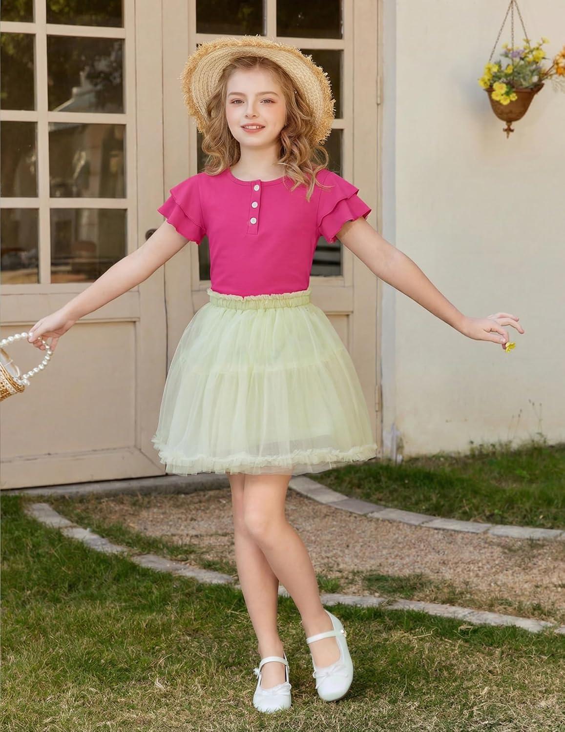 image:imageArshiner Girls Summer Outfits 2 Piece Sets Ruffle Short Sleeve Button Down Shirts and Shorts Set Kids Clothes with PocketsRose Red