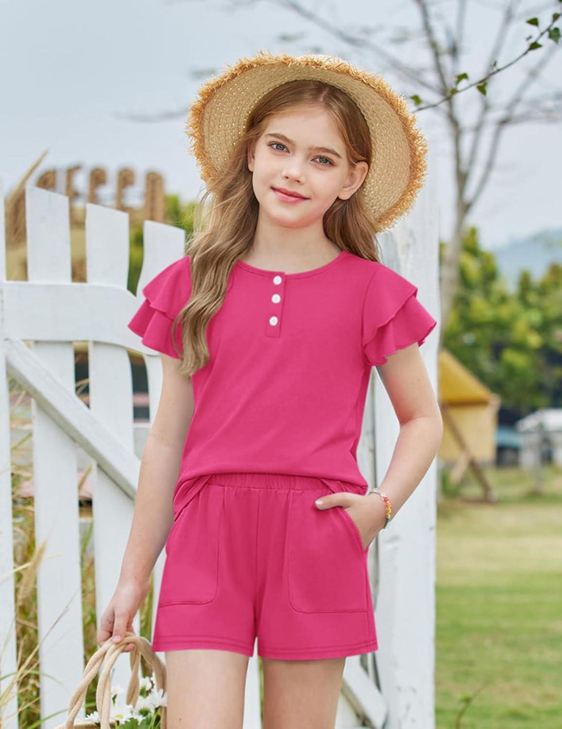 image:imageArshiner Girls Summer Outfits 2 Piece Sets Ruffle Short Sleeve Button Down Shirts and Shorts Set Kids Clothes with PocketsRose Red