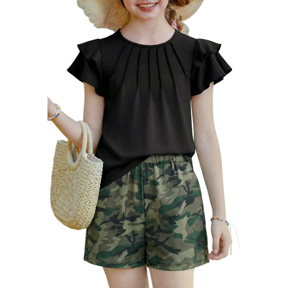 image:imageArshiner Girls 2 Piece Outfits Summer Ruffle Sleeve Top and Paperbag Waist Shorts Set with Pockets Size 513 YearsCamouflage
