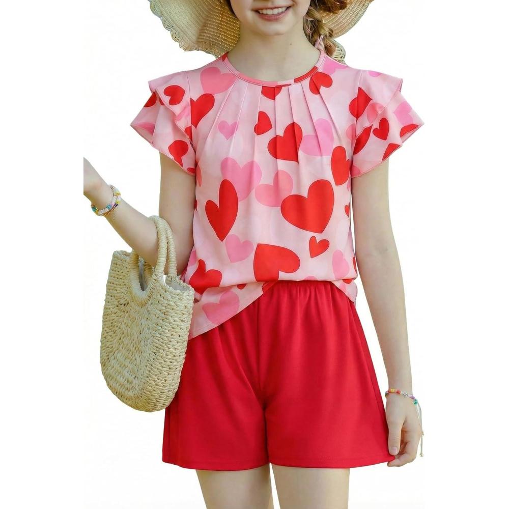 image:imageArshiner Girls 2 Piece Outfits Summer Ruffle Sleeve Top and Paperbag Waist Shorts Set with Pockets Size 513 YearsRed Heart