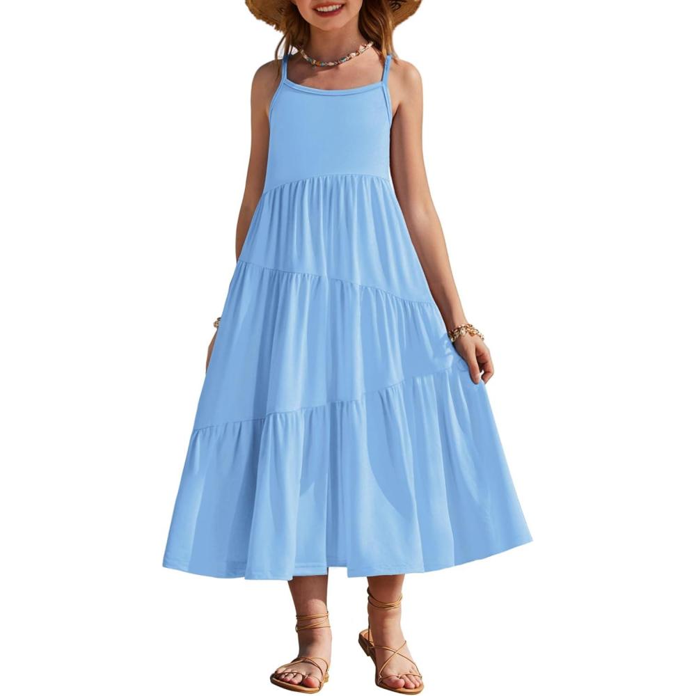 image:imageArshiner Girls Summer Dress Casual Loose Sleeveless Sundress Flowy Beach Maxi Dresses with PocketsBlue