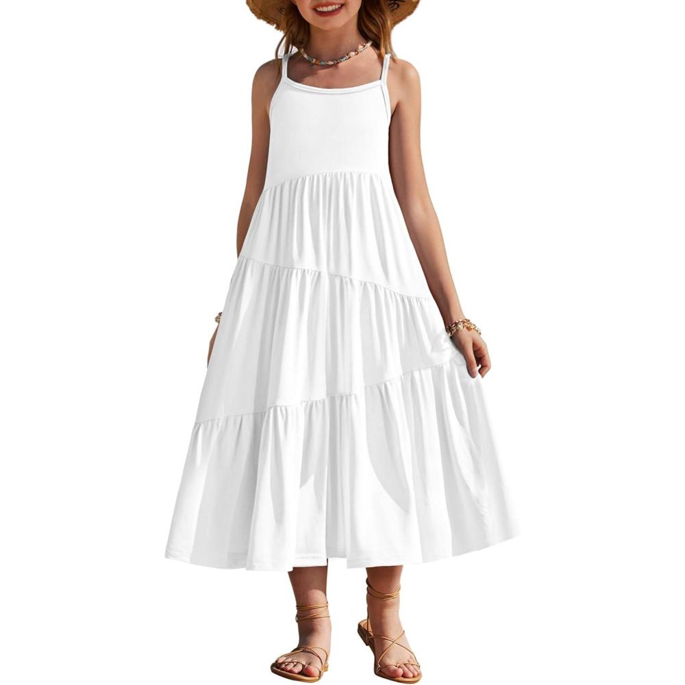 image:imageArshiner Girls Summer Dress Casual Loose Sleeveless Sundress Flowy Beach Maxi Dresses with PocketsWhite