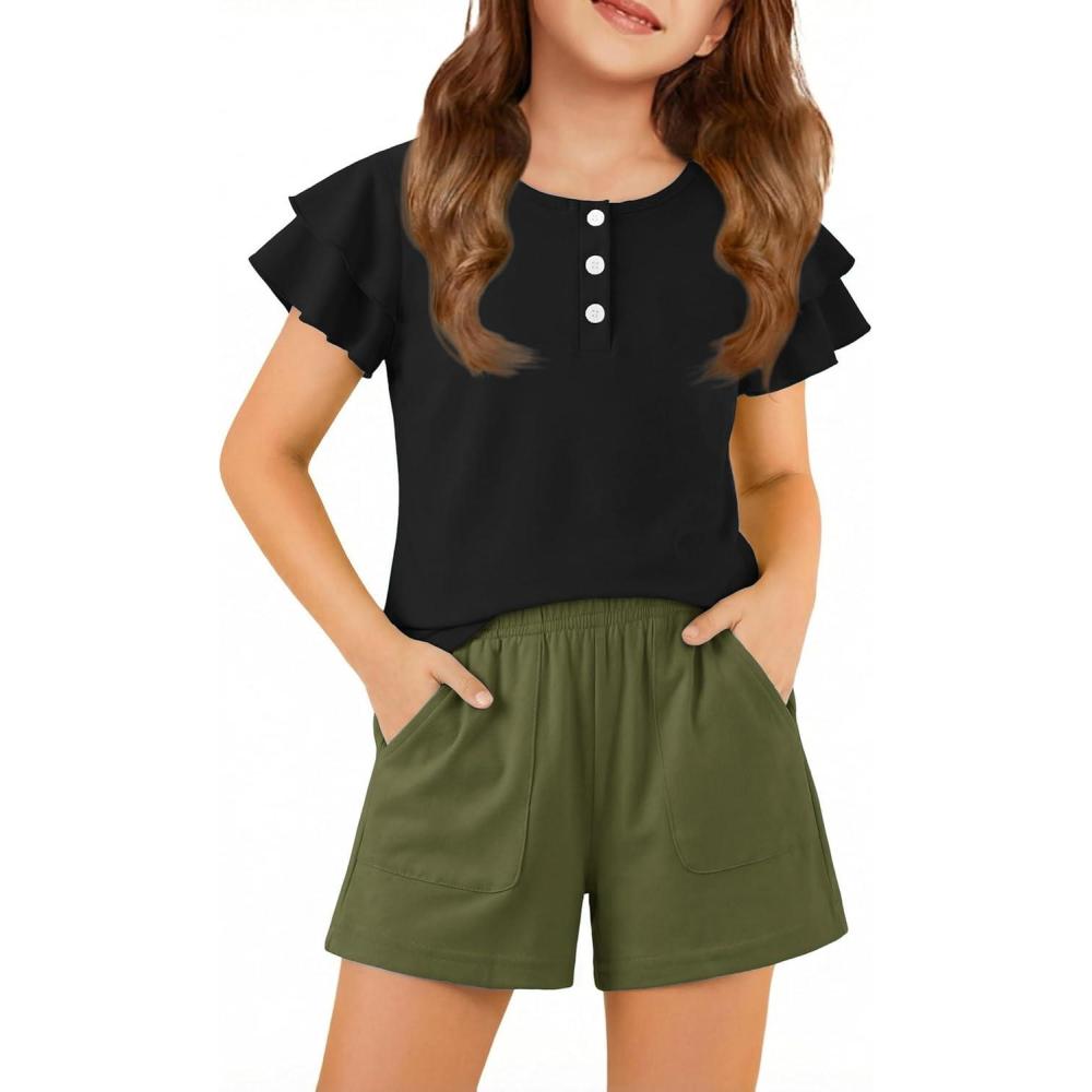 image:imageArshiner Girls Summer Outfits 2 Piece Sets Ruffle Short Sleeve Button Down Shirts and Shorts Set Kids Clothes with PocketsBlackarmy Green