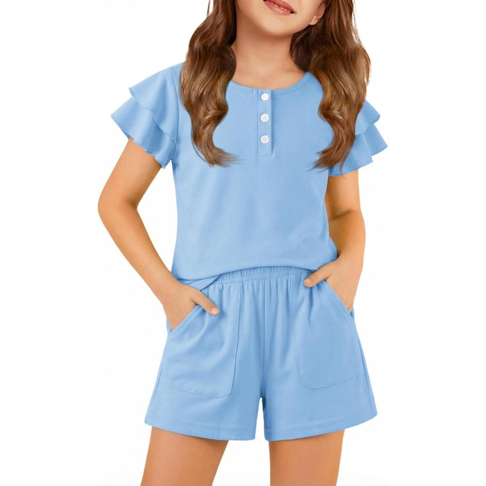 image:imageArshiner Girls Summer Outfits 2 Piece Sets Ruffle Short Sleeve Button Down Shirts and Shorts Set Kids Clothes with PocketsLight Blue