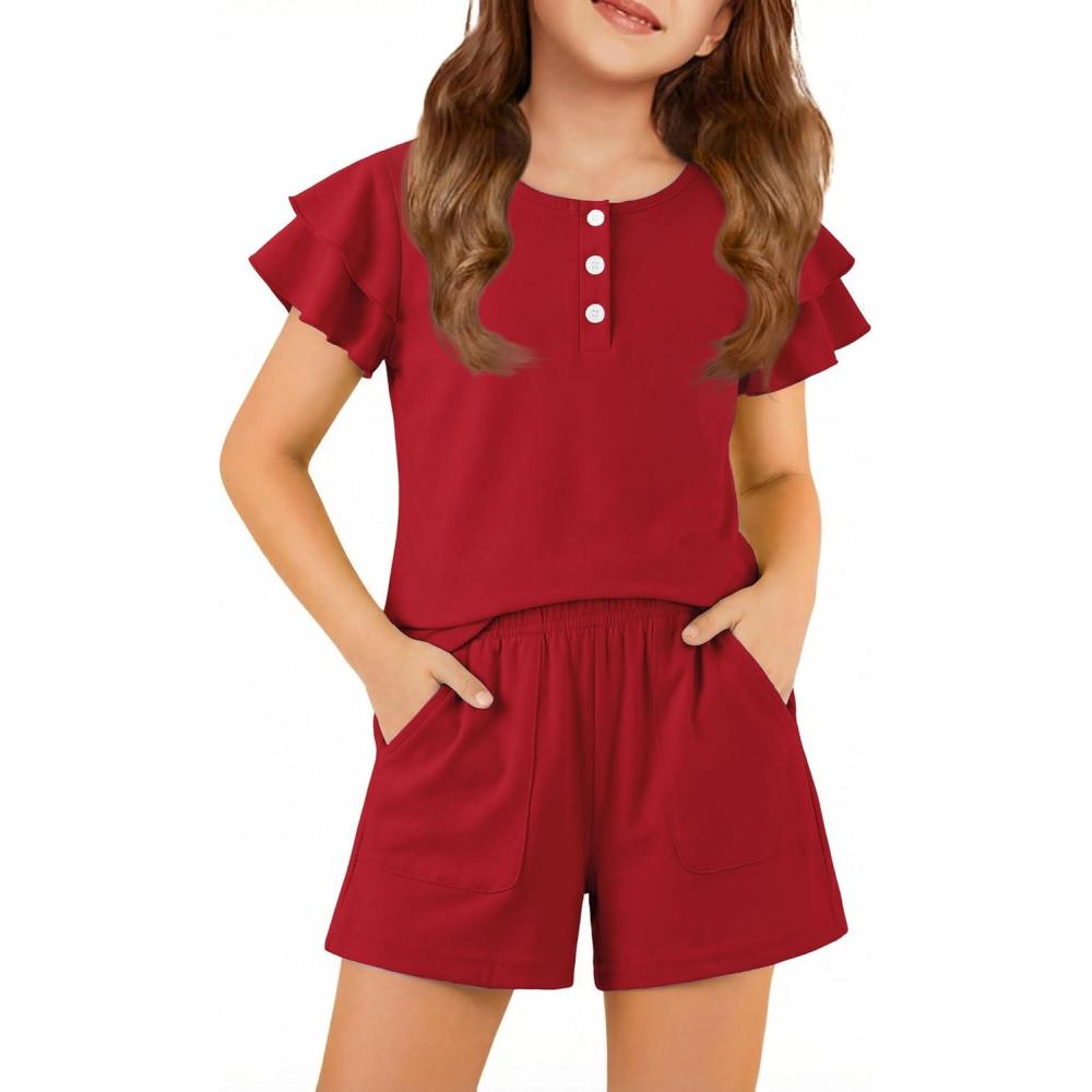 image:imageArshiner Girls Summer Outfits 2 Piece Sets Ruffle Short Sleeve Button Down Shirts and Shorts Set Kids Clothes with PocketsRed