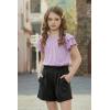 Arshiner Girls 2 Piece Outfits Summer Ruffle Sleeve Top and Paperbag Waist Shorts Set with Pockets Size 5-13 Years(Purple)