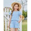 Arshiner Girls Summer Outfits 2 Piece Sets Ruffle Short Sleeve Button Down Shirts and Shorts Set Kids Clothes with Pockets(Light Blue)