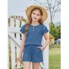 Arshiner Girls Summer Outfits 2 Piece Sets Ruffle Short Sleeve Button Down Shirts and Shorts Set Kids Clothes with Pockets(Navy Blue)