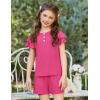 Arshiner Girls Summer Outfits 2 Piece Sets Ruffle Short Sleeve Button Down Shirts and Shorts Set Kids Clothes with Pockets(Rose Red)
