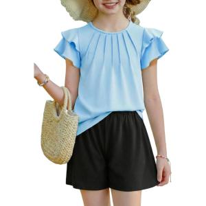 Arshiner Girls 2 Piece Outfits Summer Ruffle Sleeve Top and Paperbag Waist Shorts Set with Pockets Size 5-13 Years(Blue)