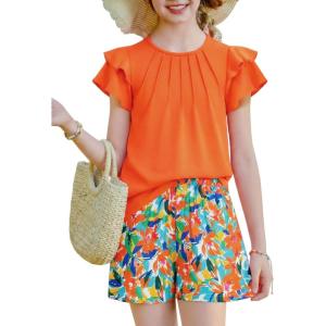 Arshiner Girls 2 Piece Outfits Summer Ruffle Sleeve Top and Paperbag Waist Shorts Set with Pockets Size 5-13 Years(Orange Hawaii)