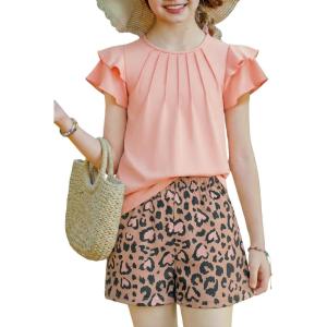 Arshiner Girls 2 Piece Outfits Summer Ruffle Sleeve Top and Paperbag Waist Shorts Set with Pockets Size 5-13 Years(Pink Leopard)
