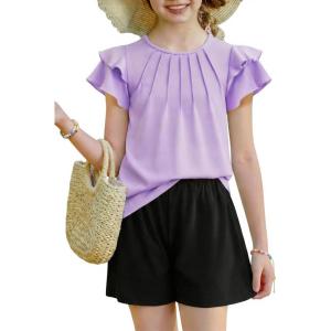 Arshiner Girls 2 Piece Outfits Summer Ruffle Sleeve Top and Paperbag Waist Shorts Set with Pockets Size 5-13 Years(Purple)