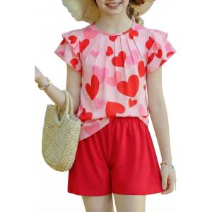 Arshiner Girls 2 Piece Outfits Summer Ruffle Sleeve Top and Paperbag Waist Shorts Set with Pockets Size 5-13 Years(Red Heart)