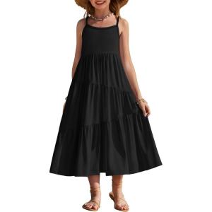 Arshiner Girls Summer Dress Casual Loose Sleeveless Sundress Flowy Beach Maxi Dresses with Pockets(Black)