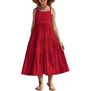Arshiner Girls Summer Dress Casual Loose Sleeveless Sundress Flowy Beach Maxi Dresses with Pockets(Red)
