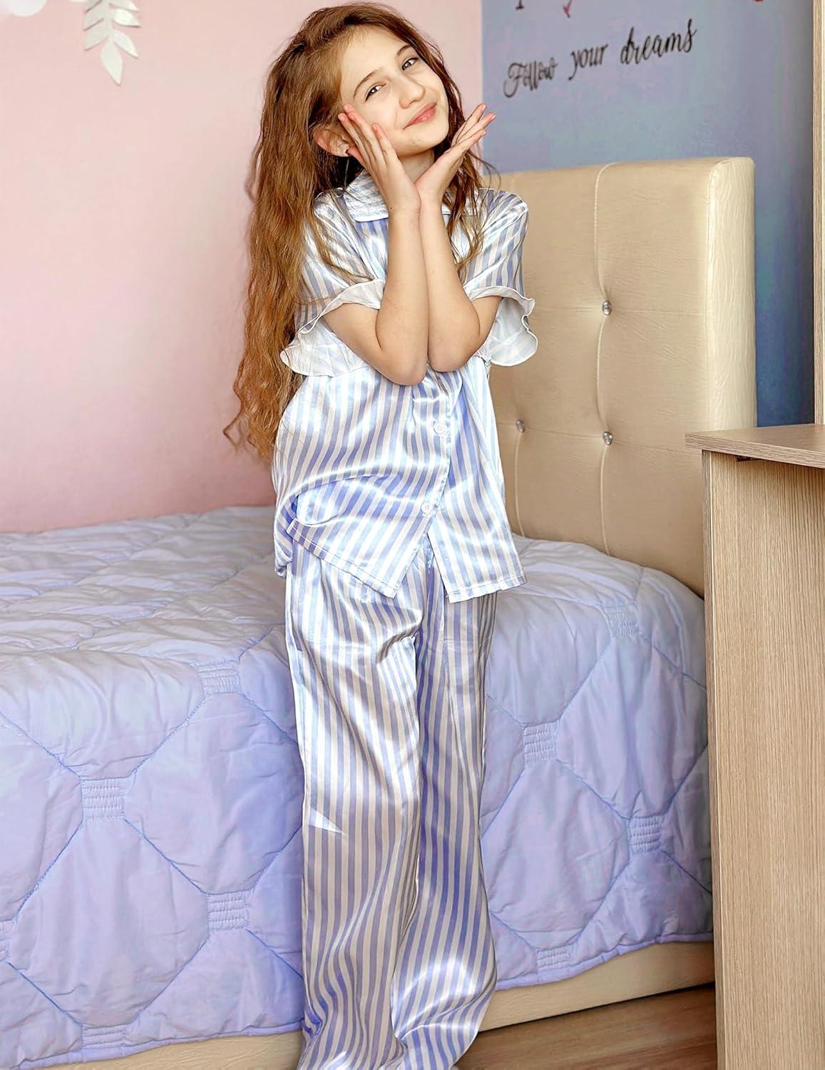 image:imageArshiner Girls Pajamas Sets 3 Piece Silk Pjs Short Sleeve Sleepwear Satin Ruffle NightwearBlue Stripes