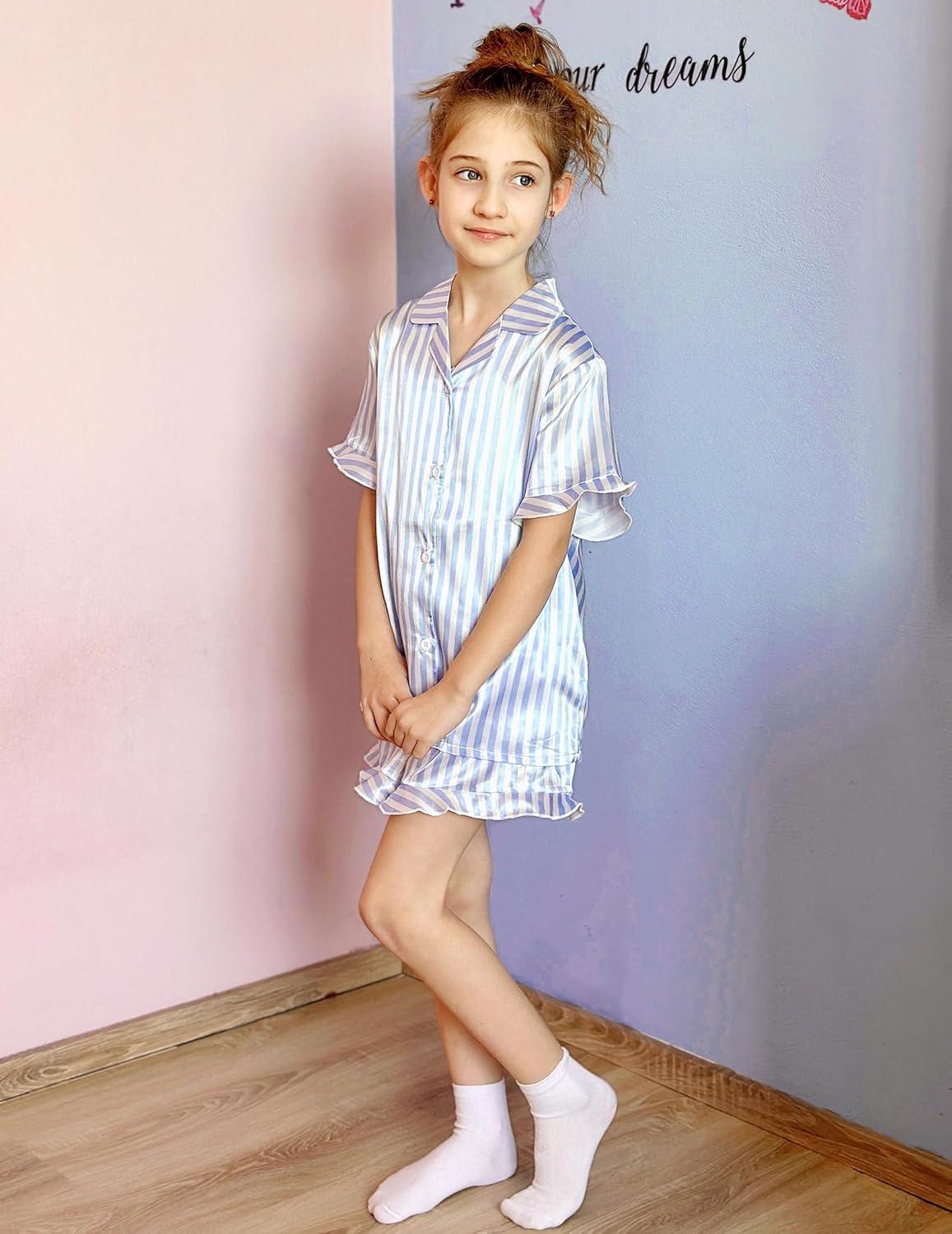 image:imageArshiner Girls Pajamas Sets 3 Piece Silk Pjs Short Sleeve Sleepwear Satin Ruffle NightwearBlue Stripes