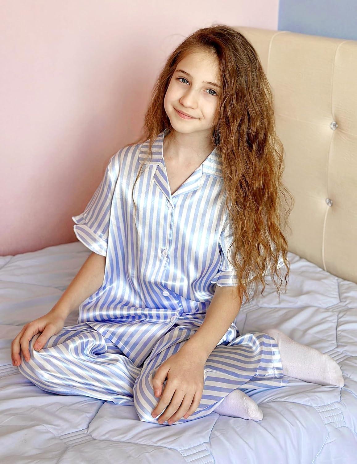 image:imageArshiner Girls Pajamas Sets 3 Piece Silk Pjs Short Sleeve Sleepwear Satin Ruffle NightwearBlue Stripes