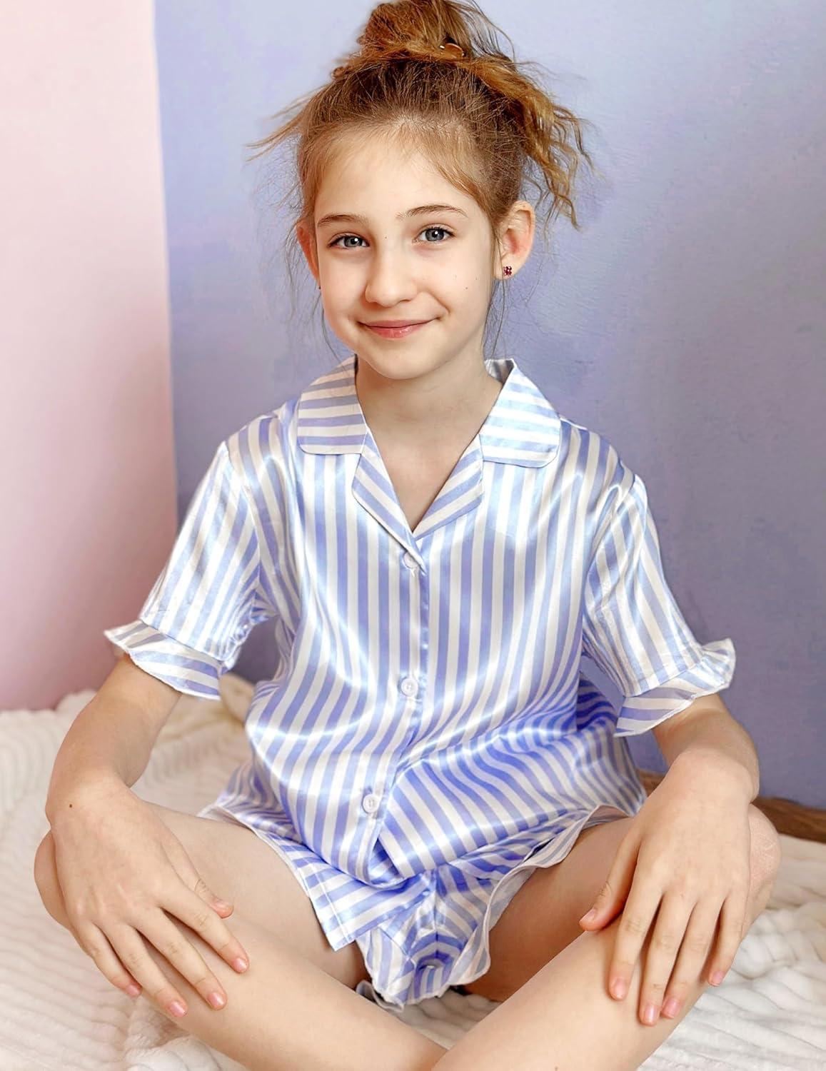 image:imageArshiner Girls Pajamas Sets 3 Piece Silk Pjs Short Sleeve Sleepwear Satin Ruffle NightwearBlue Stripes