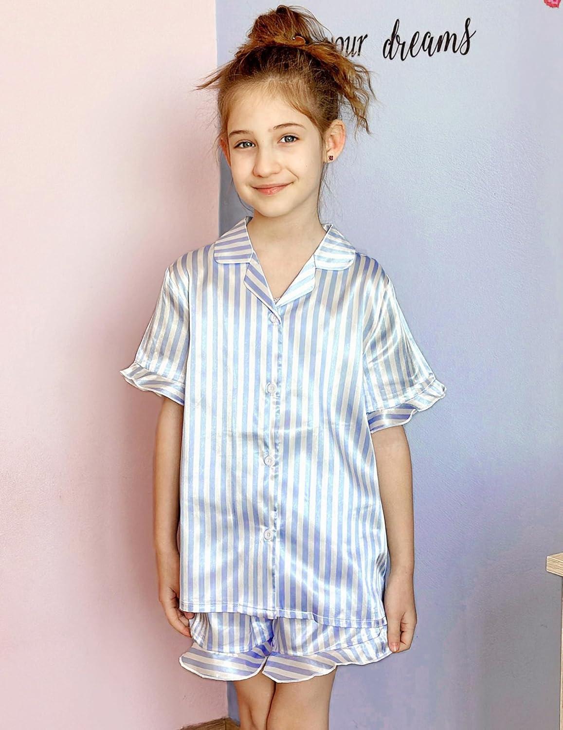 image:imageArshiner Girls Pajamas Sets 3 Piece Silk Pjs Short Sleeve Sleepwear Satin Ruffle NightwearBlue Stripes