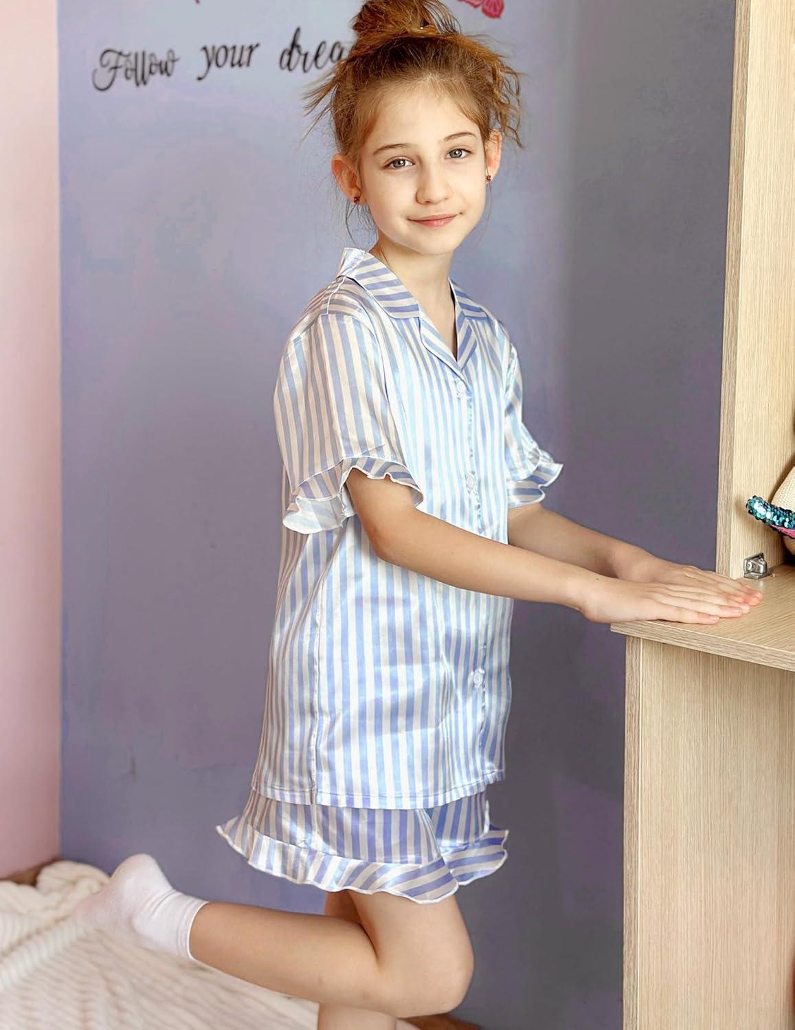 image:imageArshiner Girls Pajamas Sets 3 Piece Silk Pjs Short Sleeve Sleepwear Satin Ruffle NightwearBlue Stripes