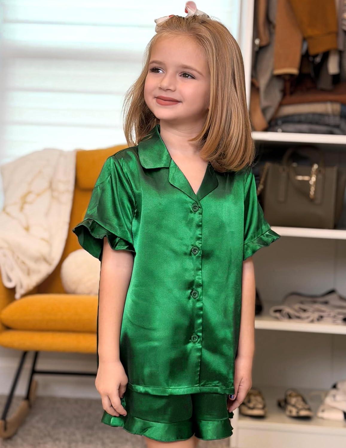 image:imageArshiner Girls Pajamas Sets 3 Piece Silk Pjs Short Sleeve Sleepwear Satin Ruffle NightwearDark Green