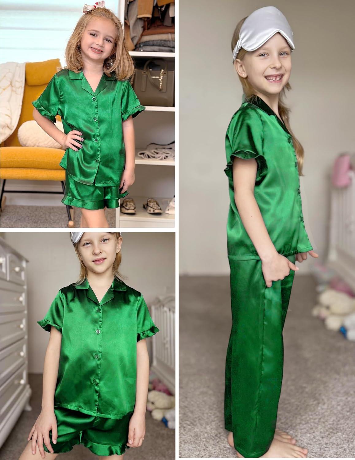 image:imageArshiner Girls Pajamas Sets 3 Piece Silk Pjs Short Sleeve Sleepwear Satin Ruffle NightwearDark Green