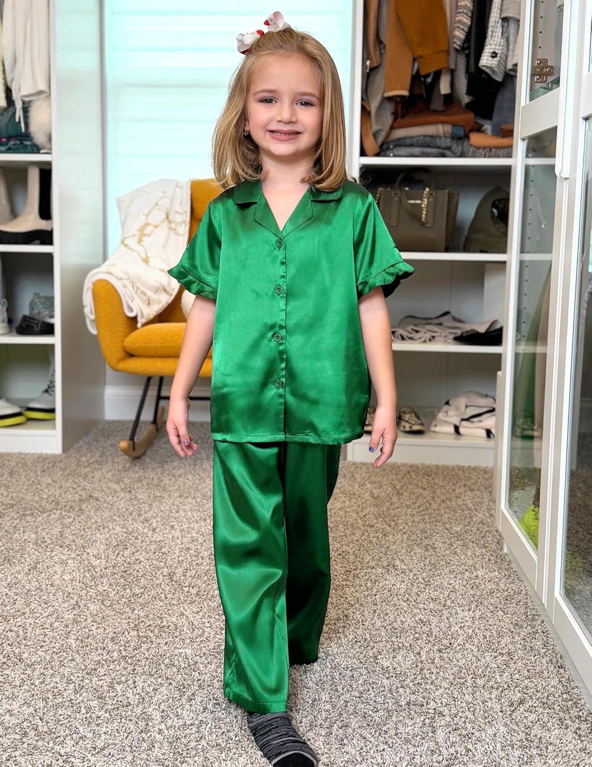 image:imageArshiner Girls Pajamas Sets 3 Piece Silk Pjs Short Sleeve Sleepwear Satin Ruffle NightwearDark Green