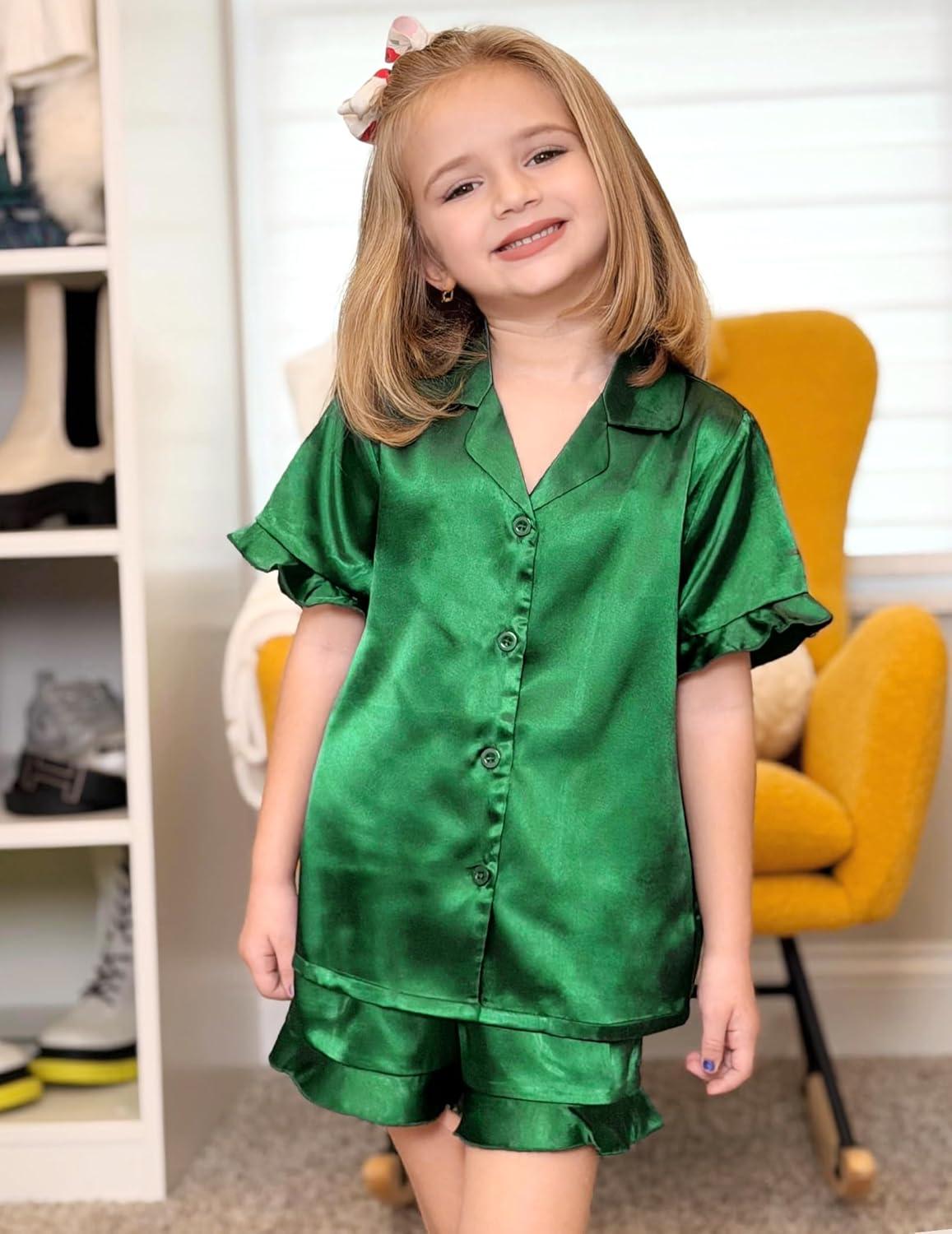image:imageArshiner Girls Pajamas Sets 3 Piece Silk Pjs Short Sleeve Sleepwear Satin Ruffle NightwearDark Green