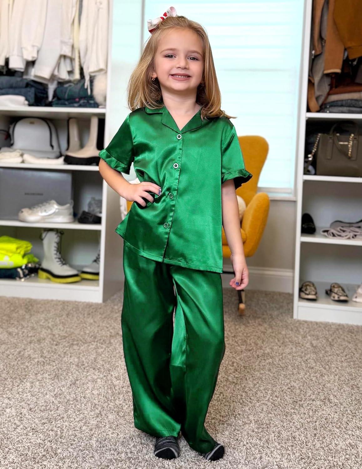 image:imageArshiner Girls Pajamas Sets 3 Piece Silk Pjs Short Sleeve Sleepwear Satin Ruffle NightwearDark Green