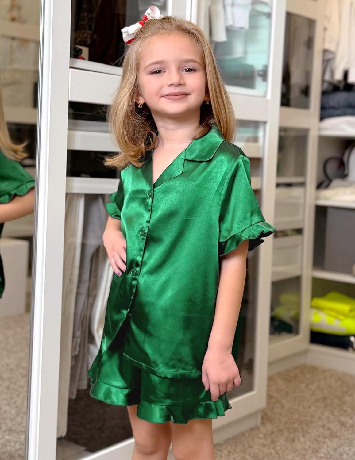 image:imageArshiner Girls Pajamas Sets 3 Piece Silk Pjs Short Sleeve Sleepwear Satin Ruffle NightwearDark Green