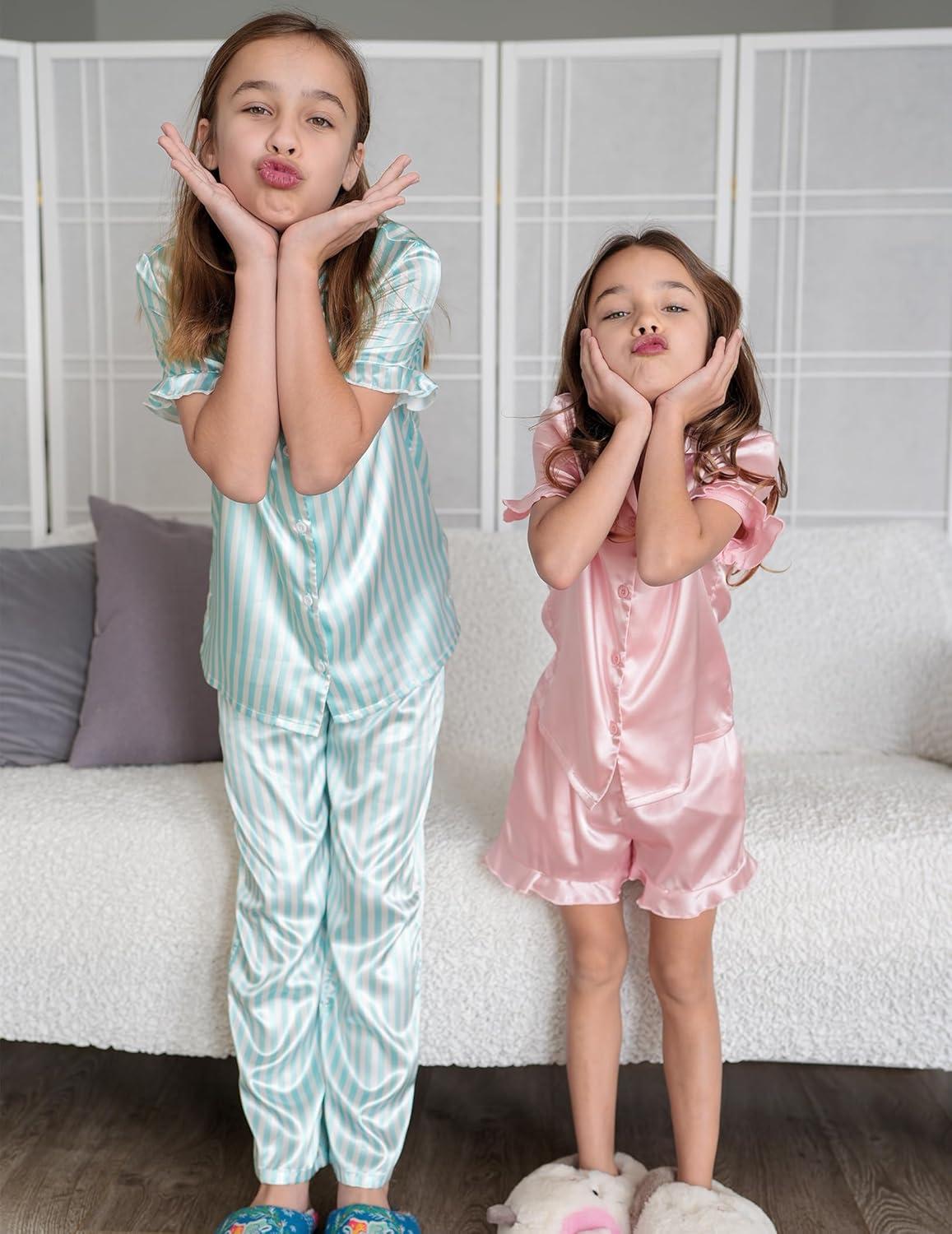 image:imageArshiner Girls Pajamas Sets 3 Piece Silk Pjs Short Sleeve Sleepwear Satin Ruffle NightwearGreen Stripes
