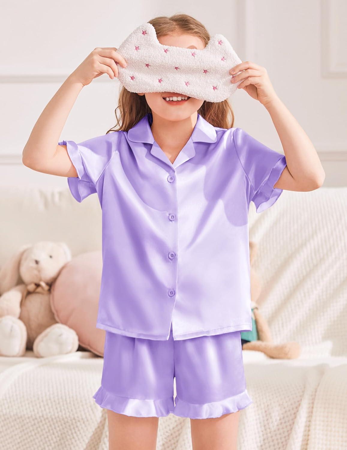 image:imageArshiner Girls Pajamas Sets 3 Piece Silk Pjs Short Sleeve Sleepwear Satin Ruffle NightwearLight Purple